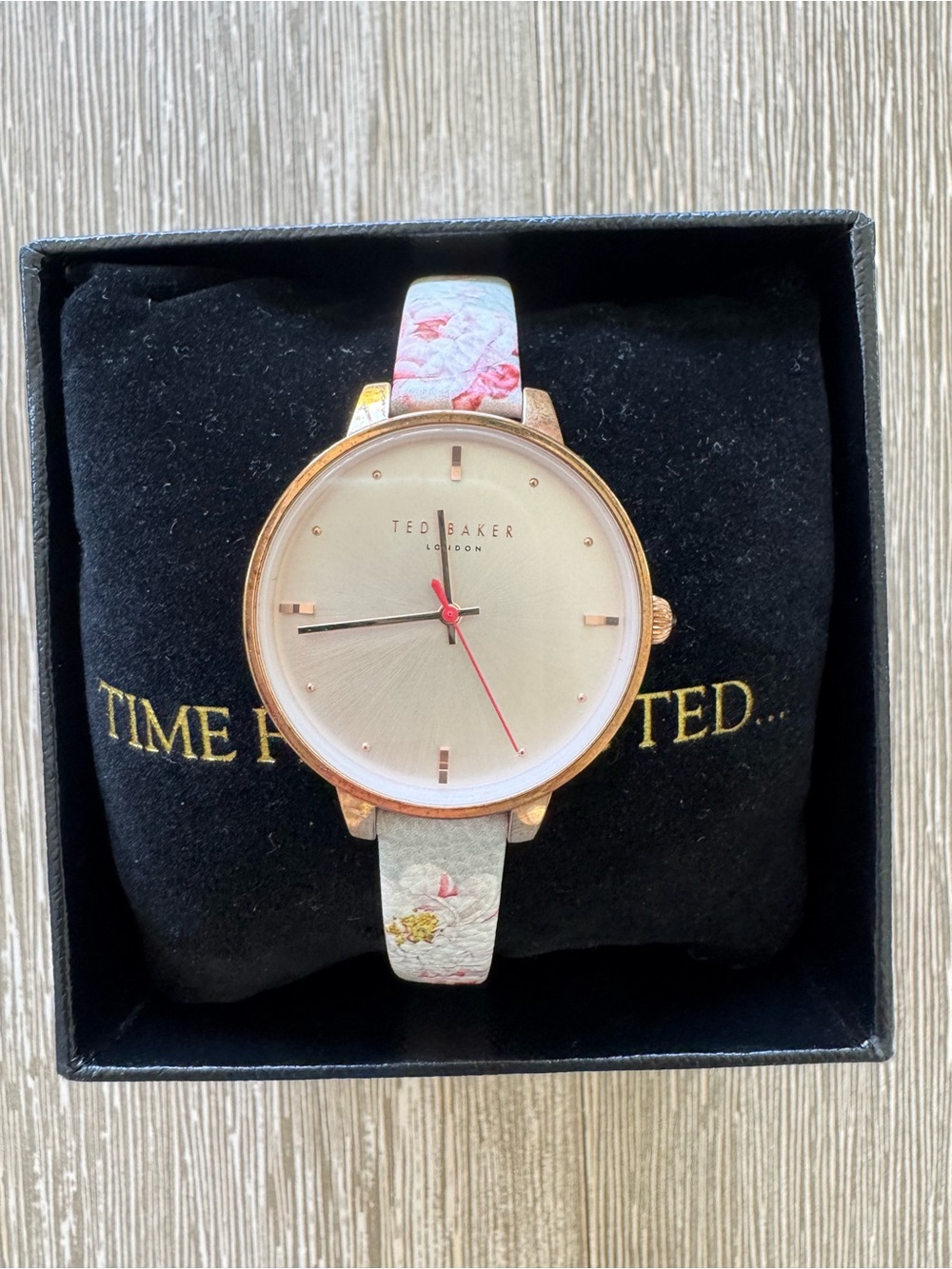 Ted Baker Rose Gold Case Watch with White Floral Strap and Pink Accents